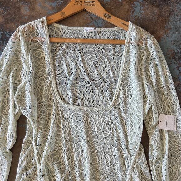 Free People Intimately In My Head Lace Bodysuit Size L Fern Moss Green Sheer - Picture 3 of 11